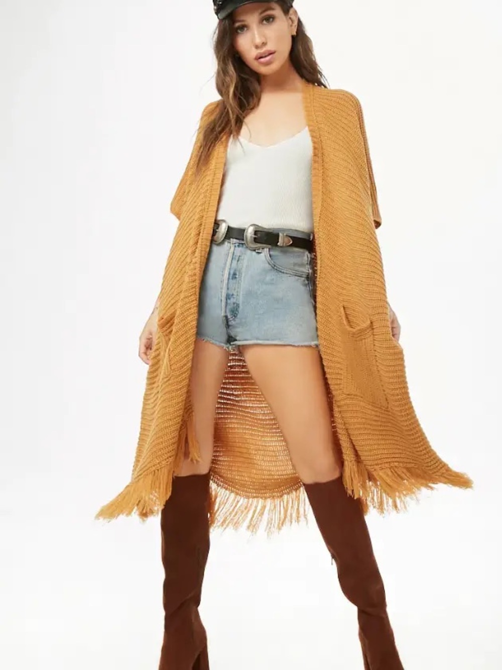 Easel brand- Mustard Open-Front Knit Cardigan with Fringe